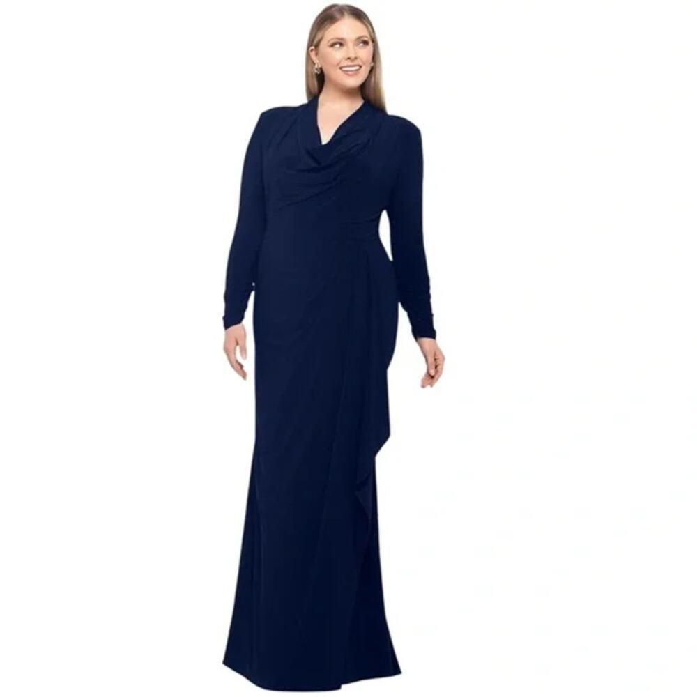 Betsy & Adam Navy Long Sleeve Minimalist Cowl Neck Draped Goddess Gown NWT 22W